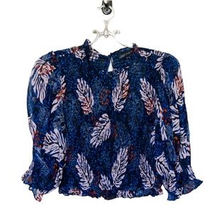 NWT  Zara Blue and Black Floral Cropped Ribbed Blouse Size XS
